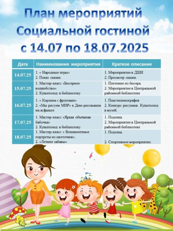 ПЛАН МЕРОПРИЯТИЙ СОЦИАЛЬНОЙ ГОСТИНОЙ С 14 ИЮЛЯ ПО 18 ИЮЛЯ 2025 ГОДА 