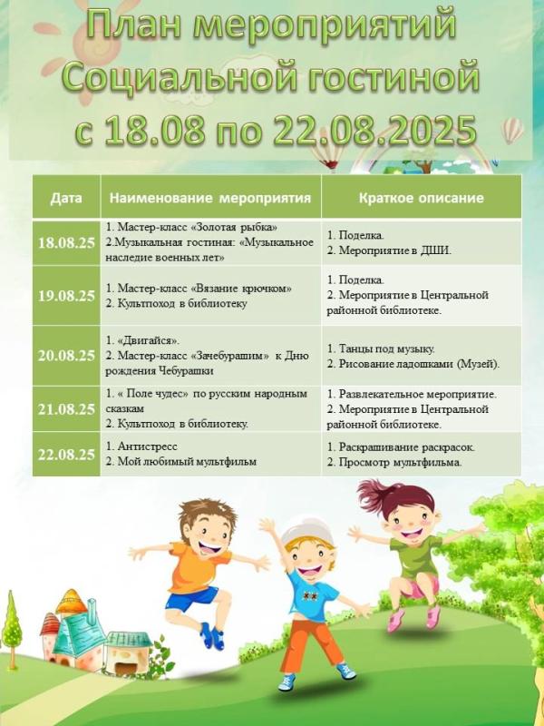 ПЛАН МЕРОПРИЯТИЙ СОЦИАЛЬНОЙ ГОСТИНОЙ С 18 АВГУСТА ПО 22 АВГУСТА 2025 ГОДА