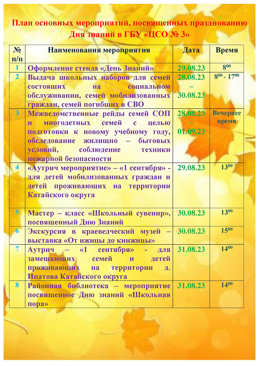 ПЛАН ОСНОВНЫХ МЕРОПРИЯТИЙ, ПОСВЯЩЁННЫХ ДНЮ ЗНАНИЙ